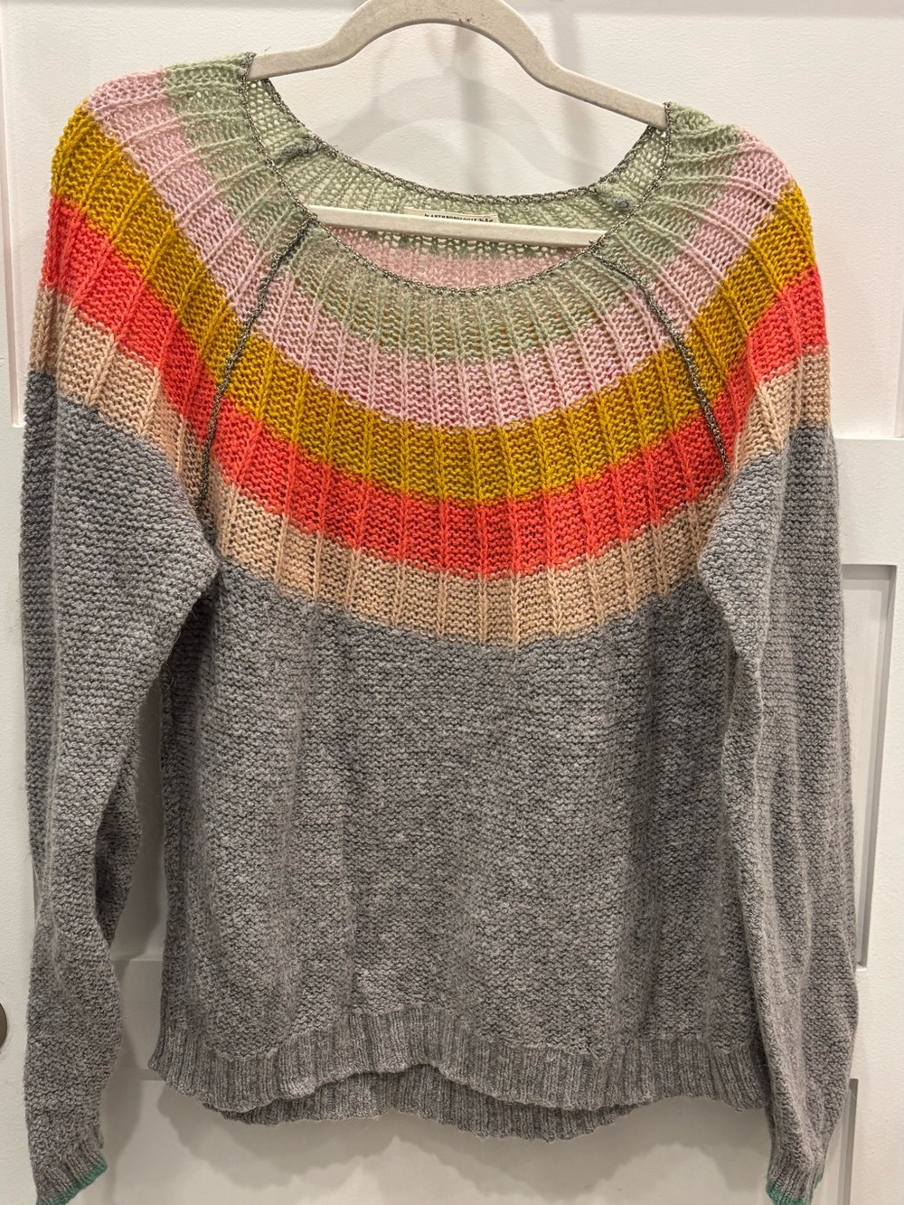Anthropologie Colleen Sweater Gray Scoop-Neck Sweater with Pastel Rainbow Yoke - Picture 4 of 9